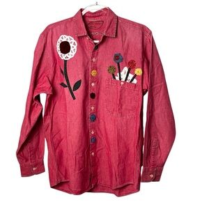 Vintage floral‎ 60’s whimsy appliqué button down cotton women’s shirt size M-L